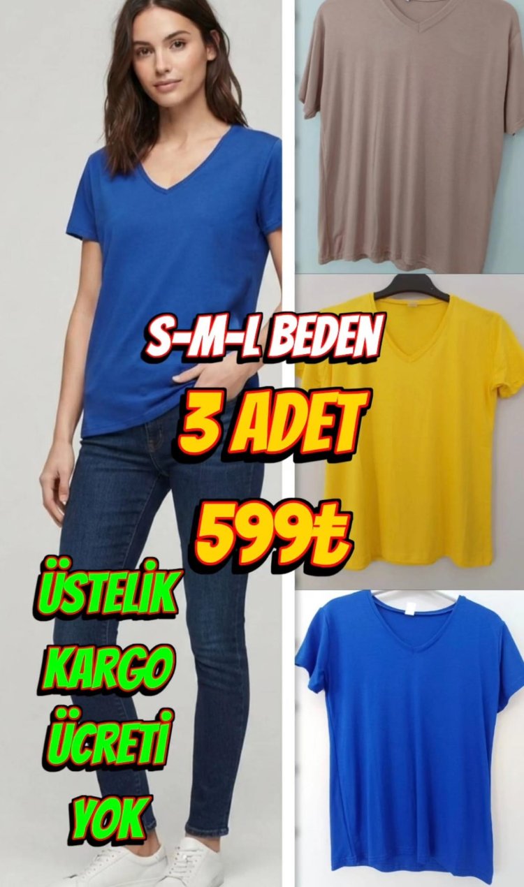 Kadın Basic Tişört 3'lü Avantaj Paketi (Vizon, Sarı, Saks Mavisi)