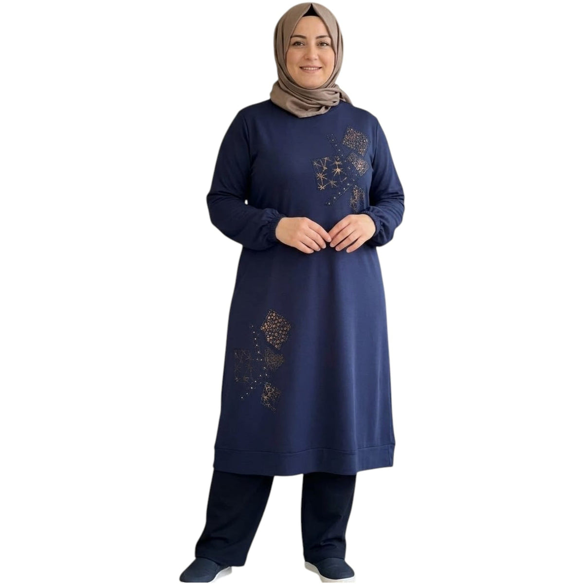Kadın Taş ve Nakış Detaylı Viskon Tunik – Lacivert