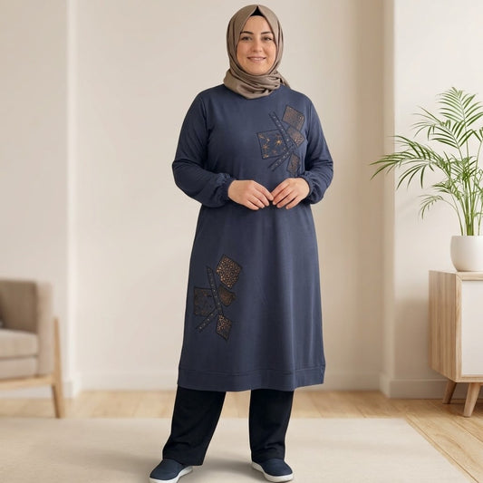 Kadın Taş ve Nakış Detaylı Viskon Tunik – Füme