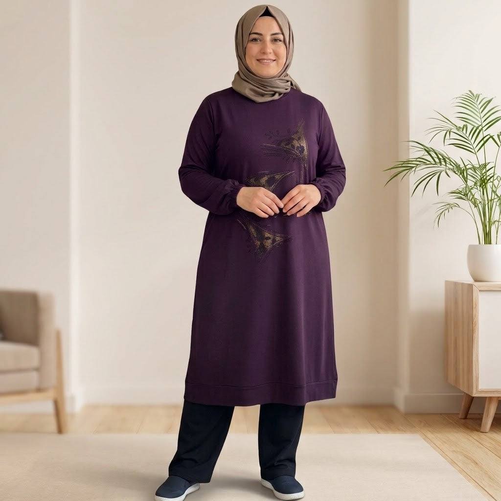 Kadın Taş ve Nakış Detaylı Viskon Tunik – Mürdüm