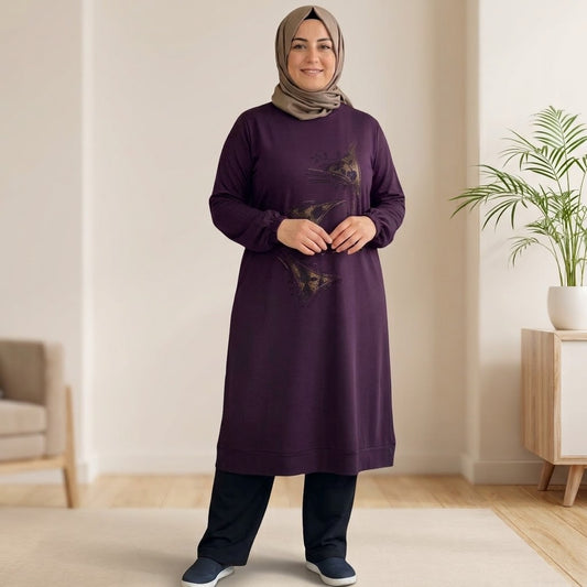 Kadın Taş ve Nakış Detaylı Viskon Tunik – Mürdüm