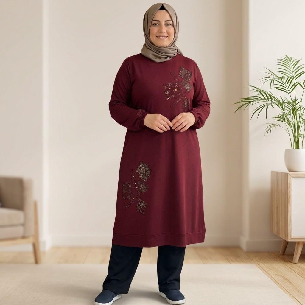 Kadın Taş ve Nakış Detaylı Viskon Tunik – Bordo