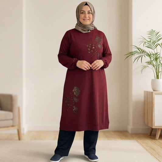 Kadın Taş ve Nakış Detaylı Viskon Tunik – Bordo