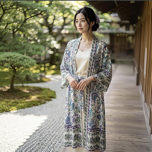 Etnik Çiçek Desenli Kuşaklı Kimono